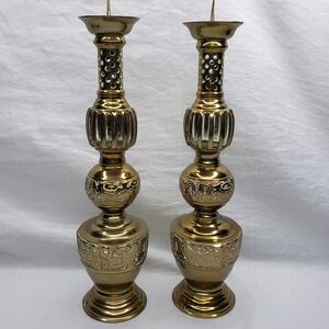 Vintage Ornate Brass Candle Holders Pair 70s 12 Inches Tall
